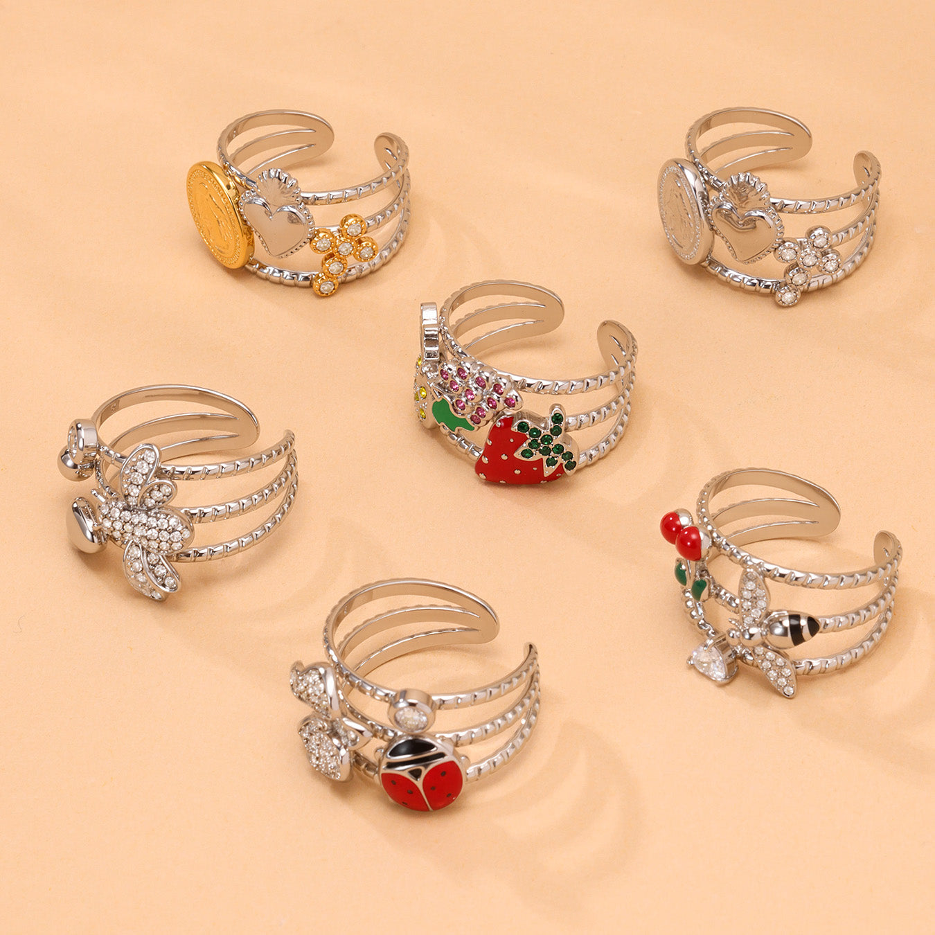 5A Zircon Handmade Oil Drop Cherry Open Rings
