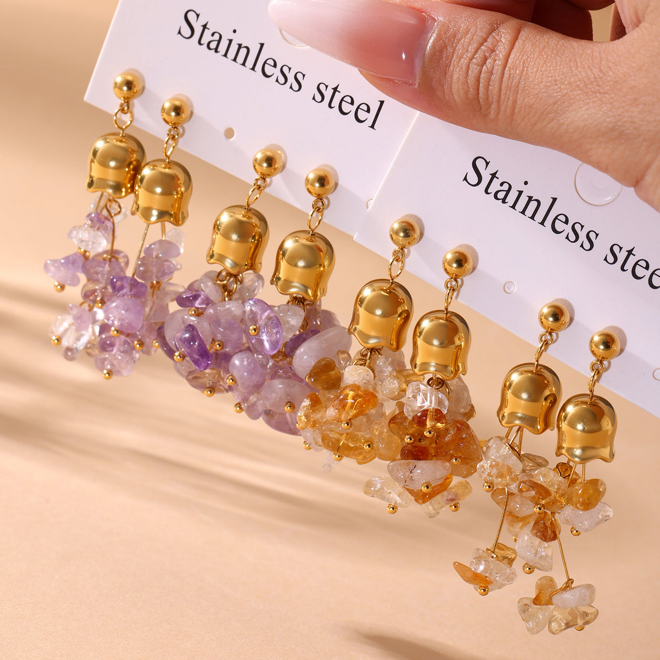 Natural Yellow Crystal Tassel Stainless Steel Earrings