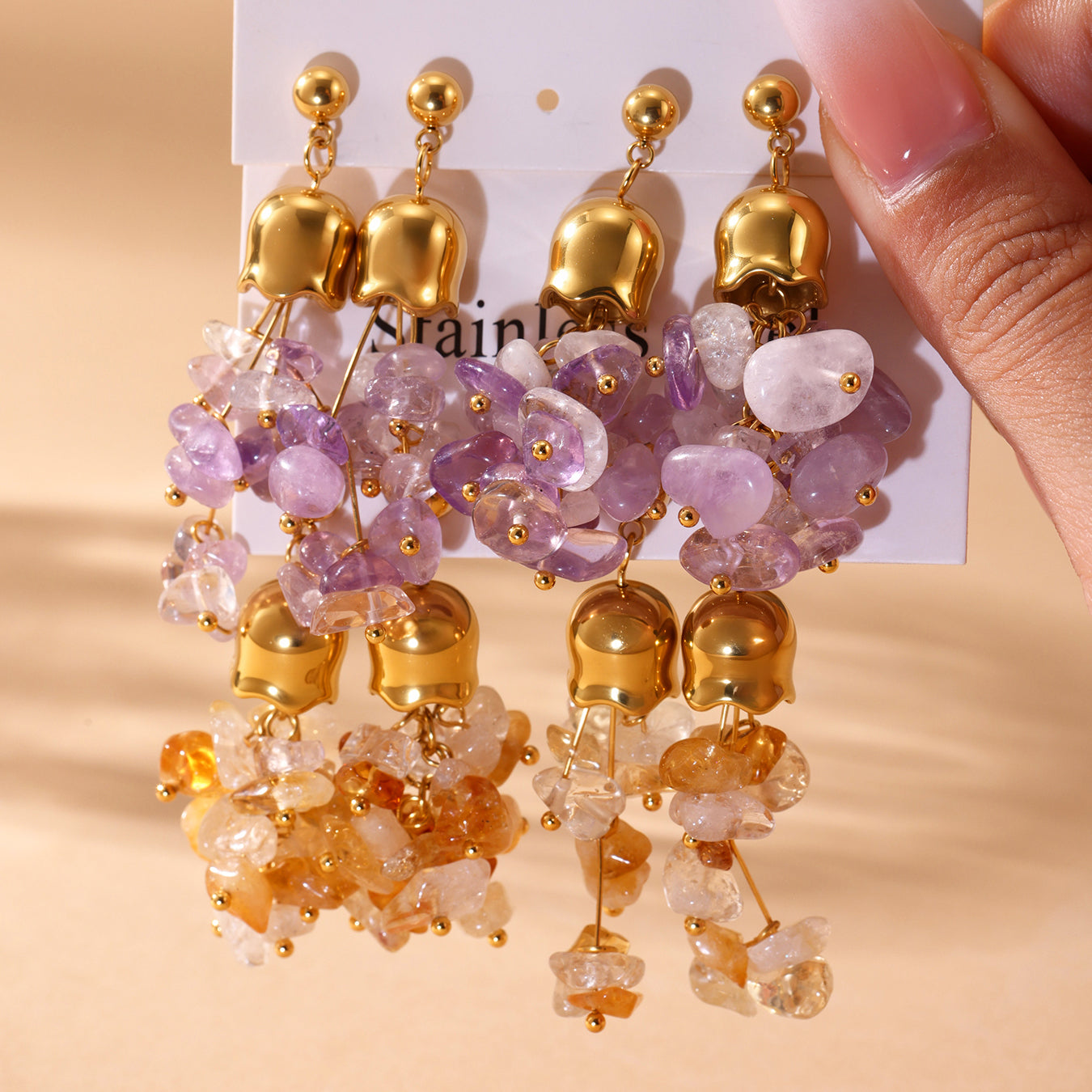 Natural Amethyst Oval Stainless Steel  Earrings