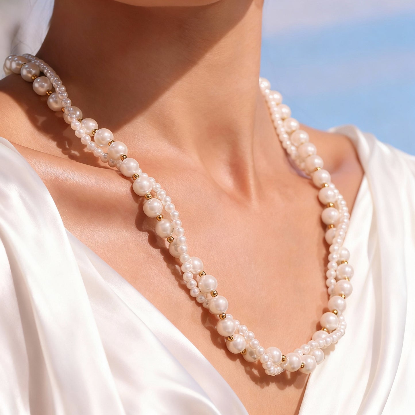 Collar de doble capa de cuentas de concha de acero inoxidable