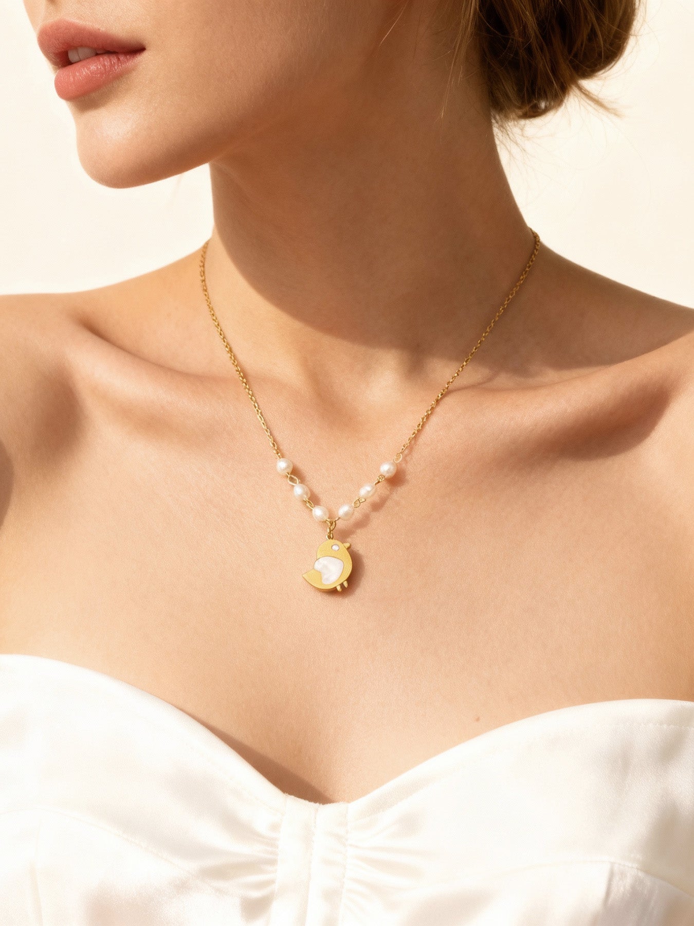 Collar de perlas de agua dulce con forma de pollito de concha | Gargantilla de acero inoxidable