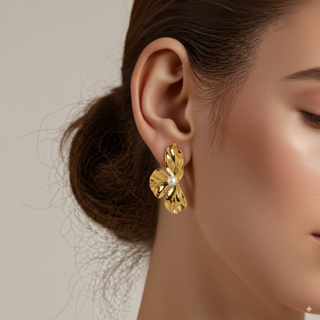 Shell Pearl Folded Petals Stainless Steel Stud Earrings