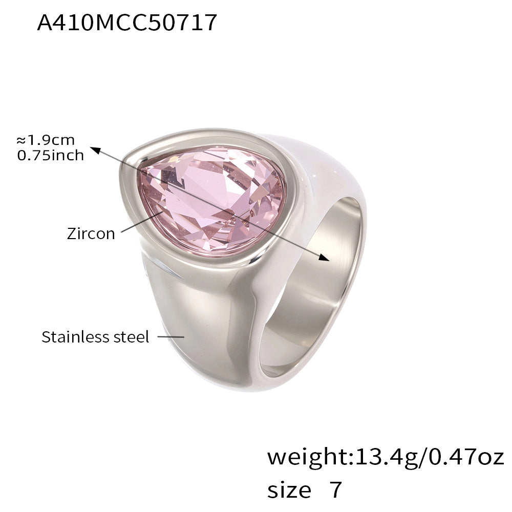 Silver chunky zircon ring with pink zircon, labeled with measurements and material details on a white background.
