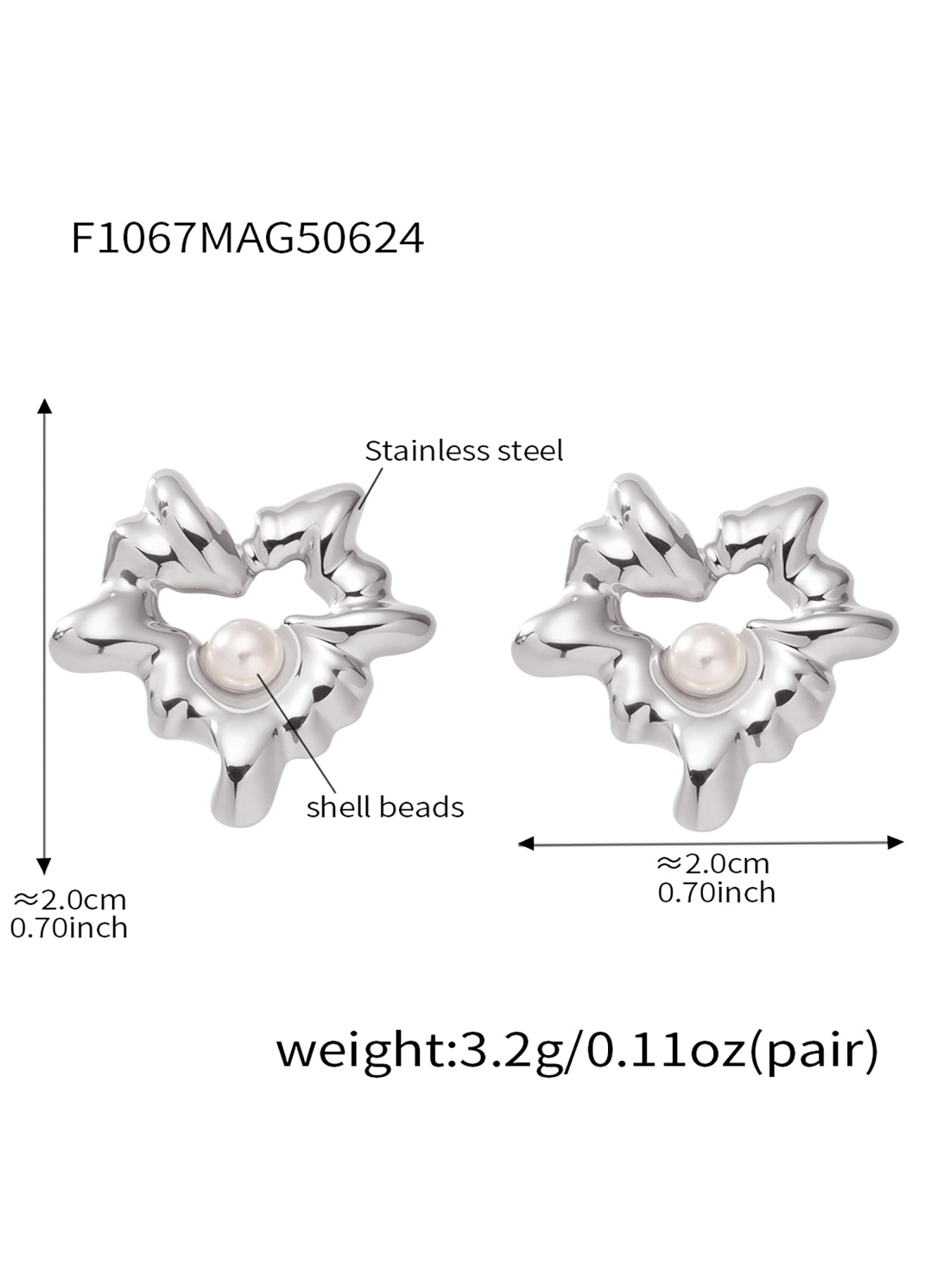Silver flower stud earrings size reference stainless steel
,Silver earrings with pearls on a white background, showing measurements and material details.