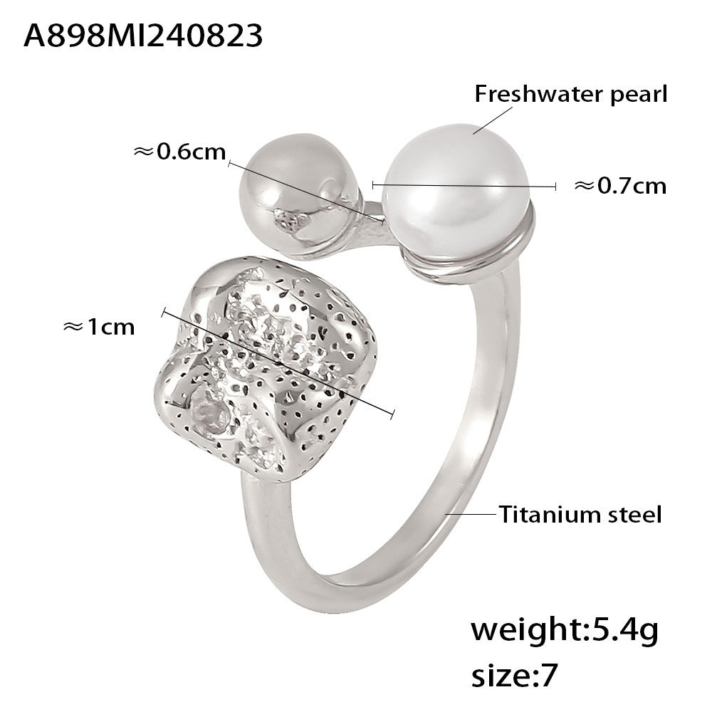 Silver stainless steel hollow open ring with freshwater pearls and detailed sizing chart