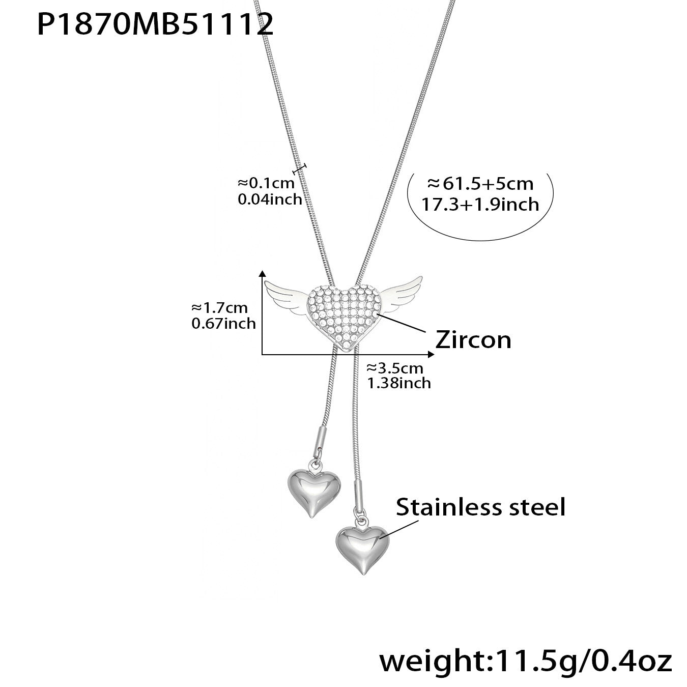 Size chart showing the silver version of the winged puffy heart necklace with detailed pendant and chain measurements.