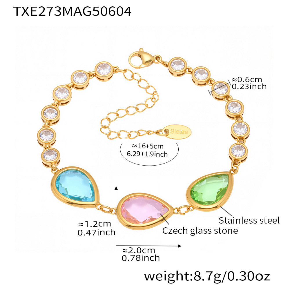 Size chart image of multicolor sea glass teardrop bracelet with measurements and stainless steel notes