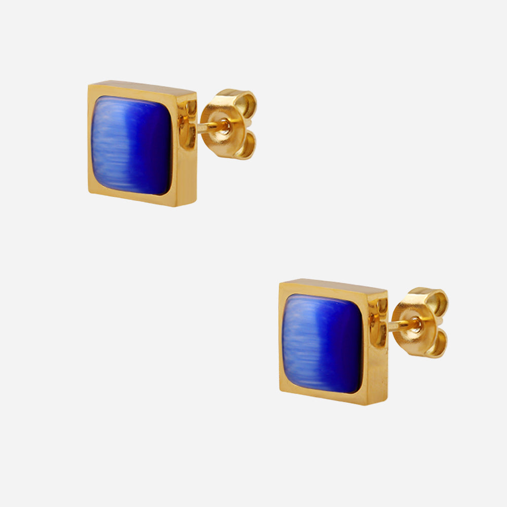 Blue gold square cat eye stud earrings in gold stainless steel, waterproof hypoallergenic minimalist earrings for women