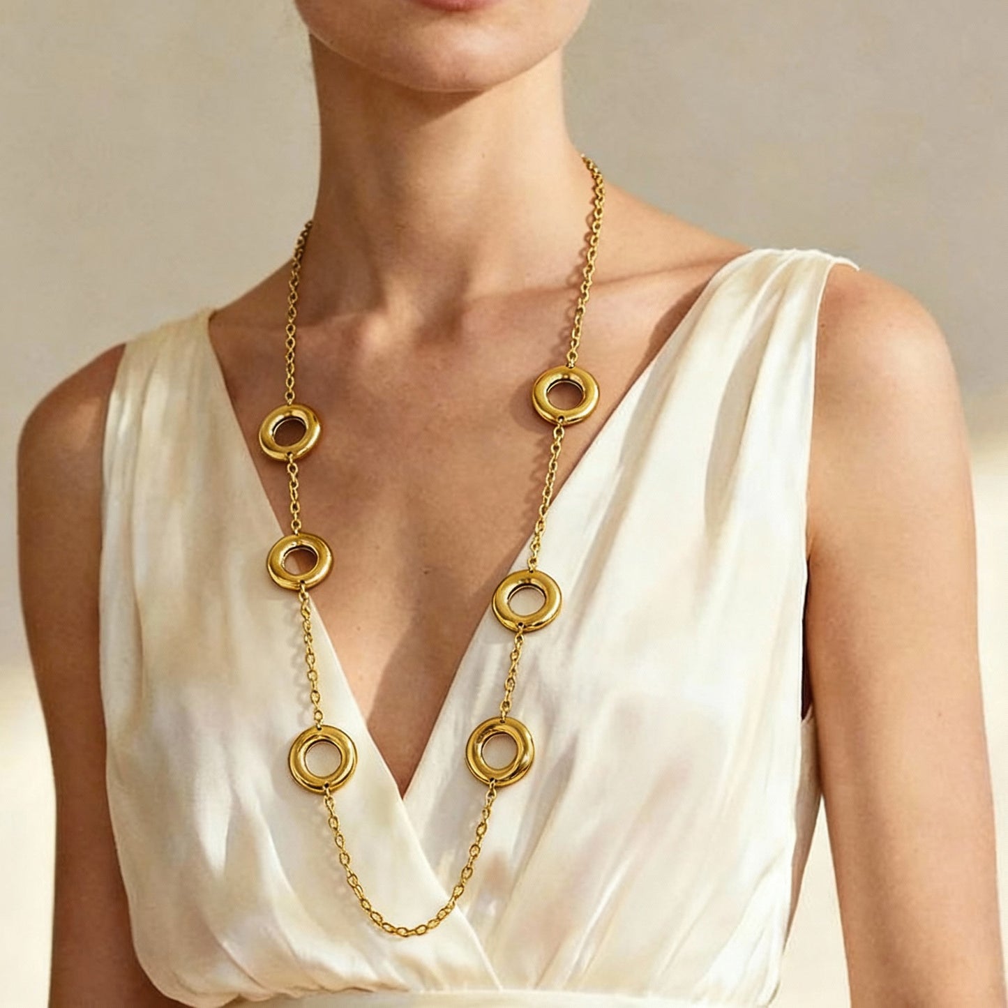 Stainless Steel Hollow Ring Long Two-tone Sweater Chain Necklace