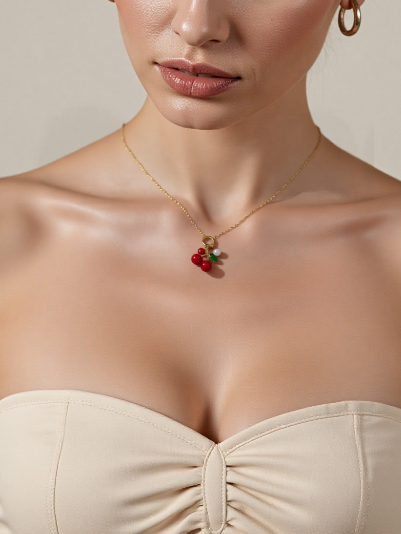 Stainless Steel Oil-dripped Red Cherry Necklace Inlaid With Zircon