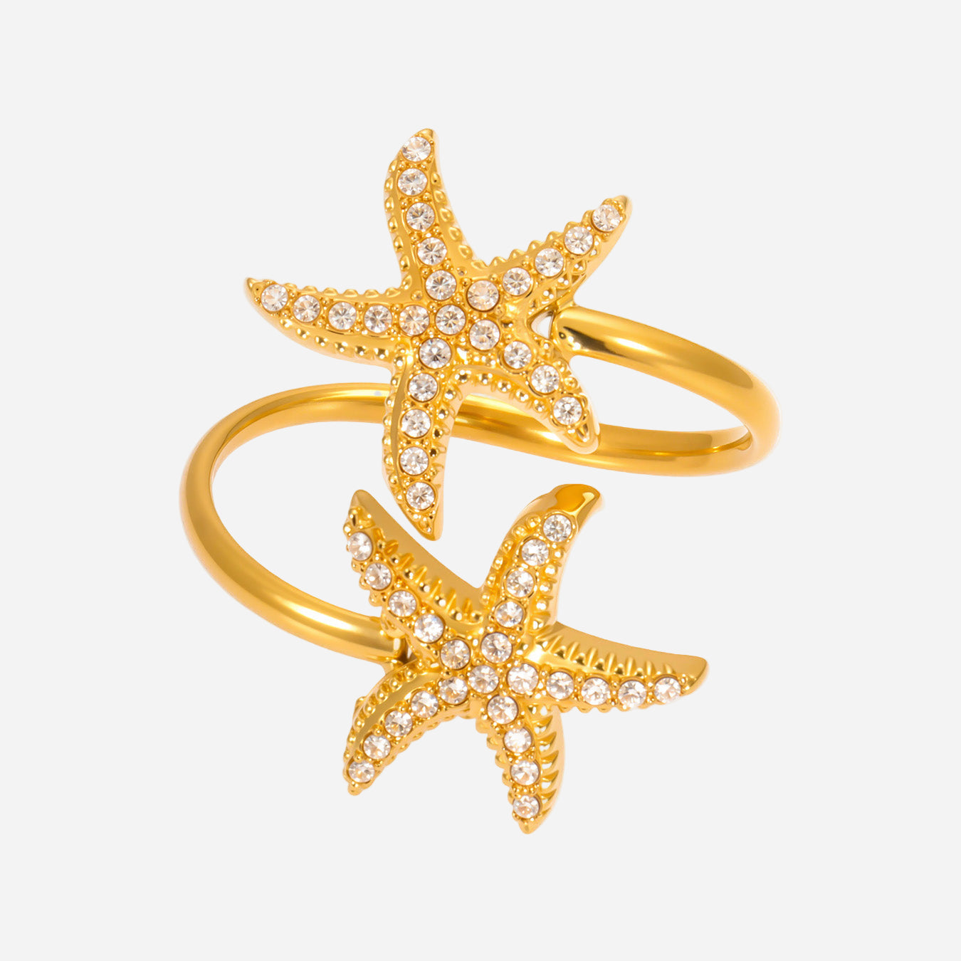 18K gold starfish star ring with cubic zirconia stones and open adjustable band