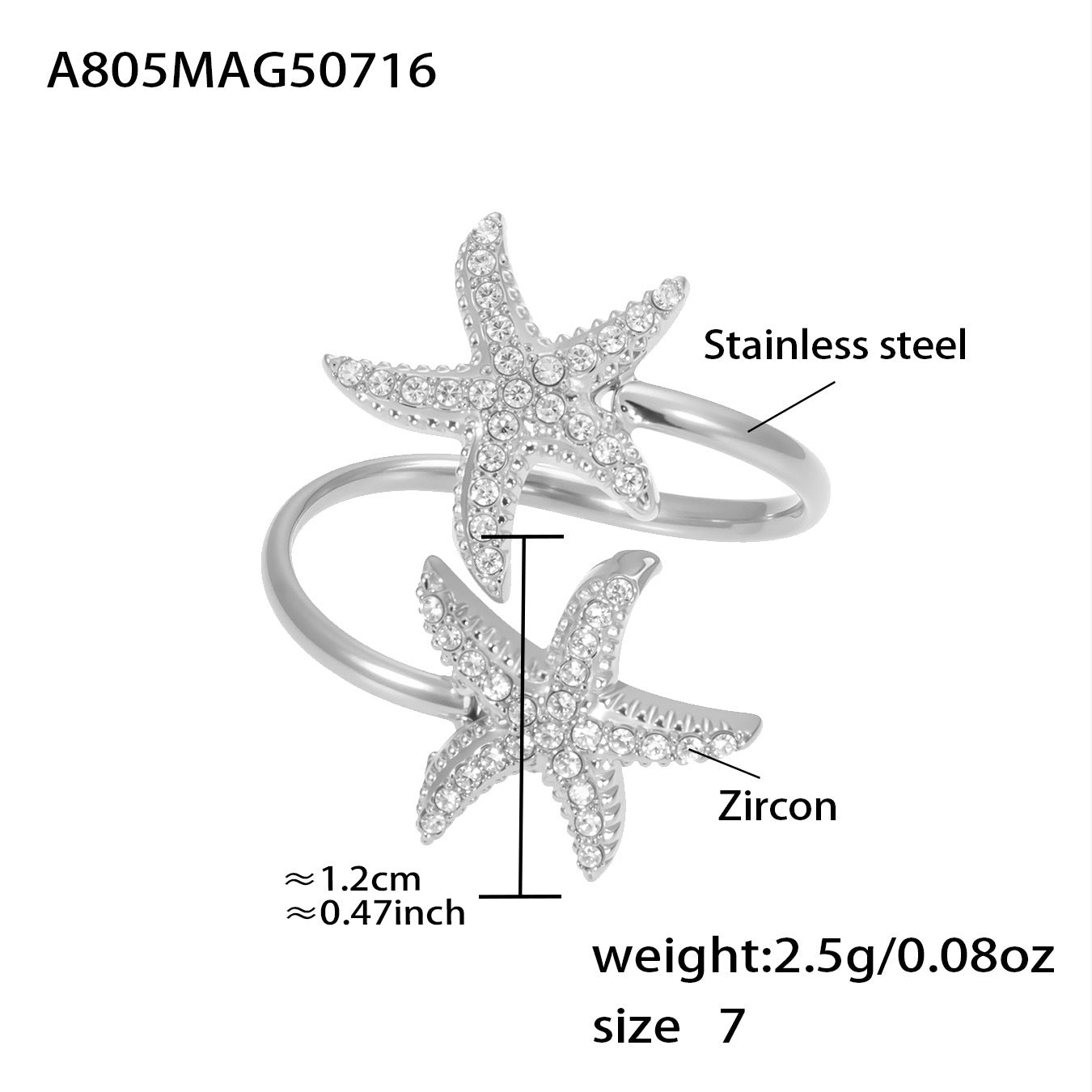 Silver starfish star ring size chart with adjustable open band and cubic zirconia accents