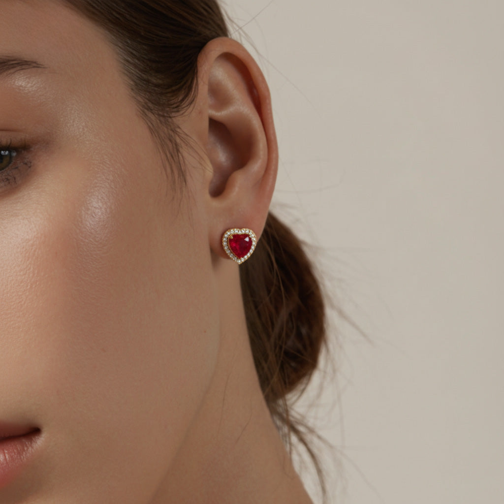 Starry Red Zircon Heart Earrings Stainless Steel