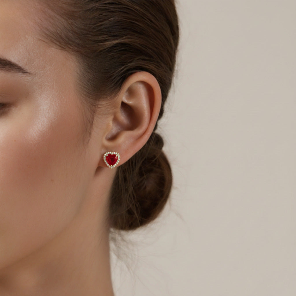 Starry Red Zircon Heart Earrings Stainless Steel