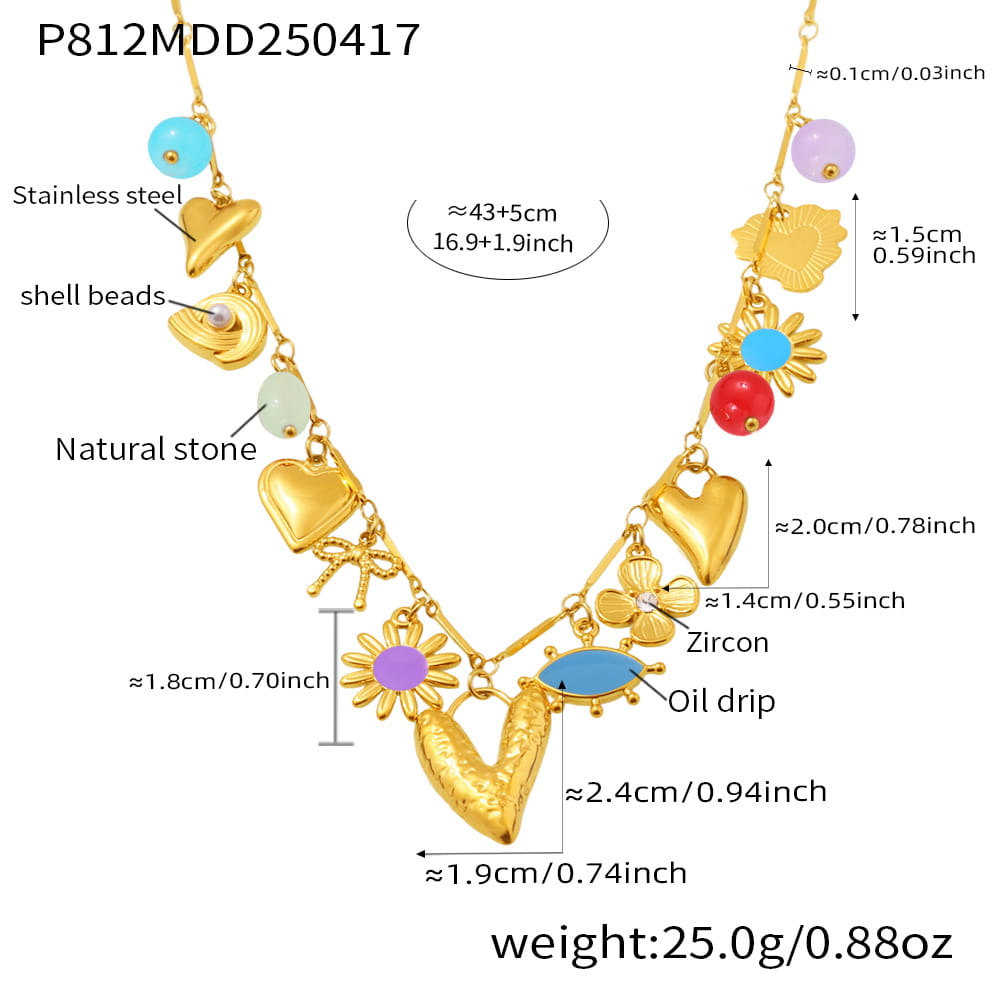 Detailed measurement chart of gold waterproof sun and moon charm 
 gold necklace with heart pendant and enamel charms.