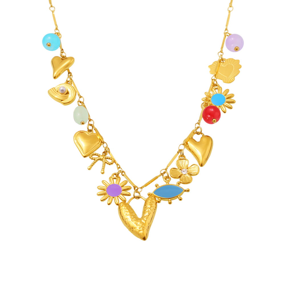 Gold sun and moon heart charm necklace with colorful enamel details on a stainless steel chain, waterproof celestial jewelry.