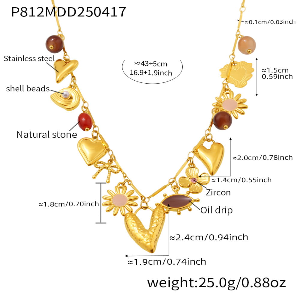 Gold sun moon heart charm necklace size chart showing chain length and colorful enamel pendants.