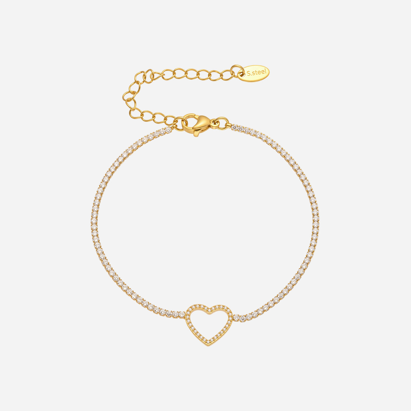 Gold bracelet with a heart-shaped clasp on a white background