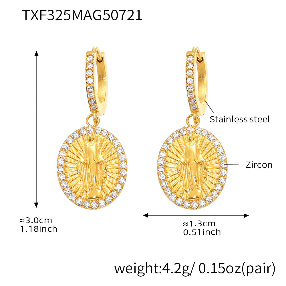Gold earrings with religious design, labeled for materials and dimensions.