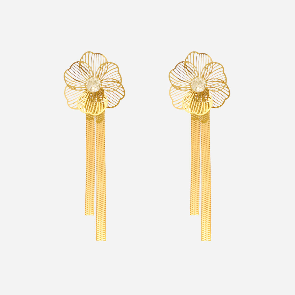 Pair of gold floral earrings on a white background