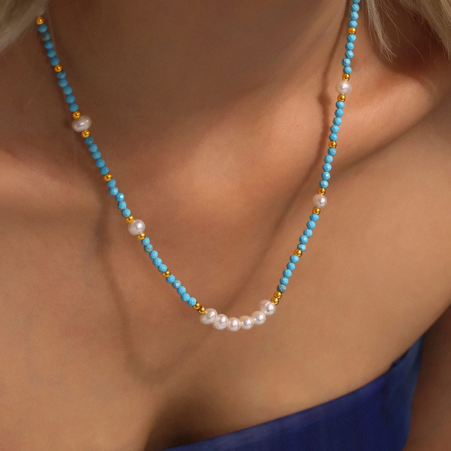 Model Wearing Turquoise and Freshwater Pearl Handmade Beaded Necklace 40+5cm Side Angle