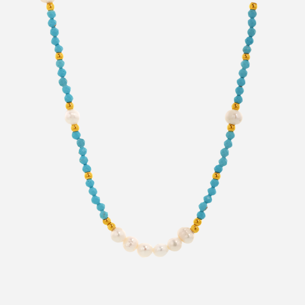 Turquoise and Freshwater Pearl Handmade Beaded Necklace 40+5cm on White Background