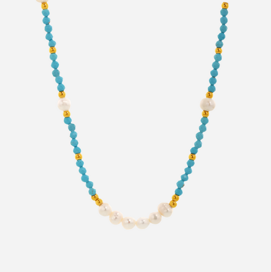 Turquoise and Freshwater Pearl Handmade Beaded Necklace 40+5cm on White Background