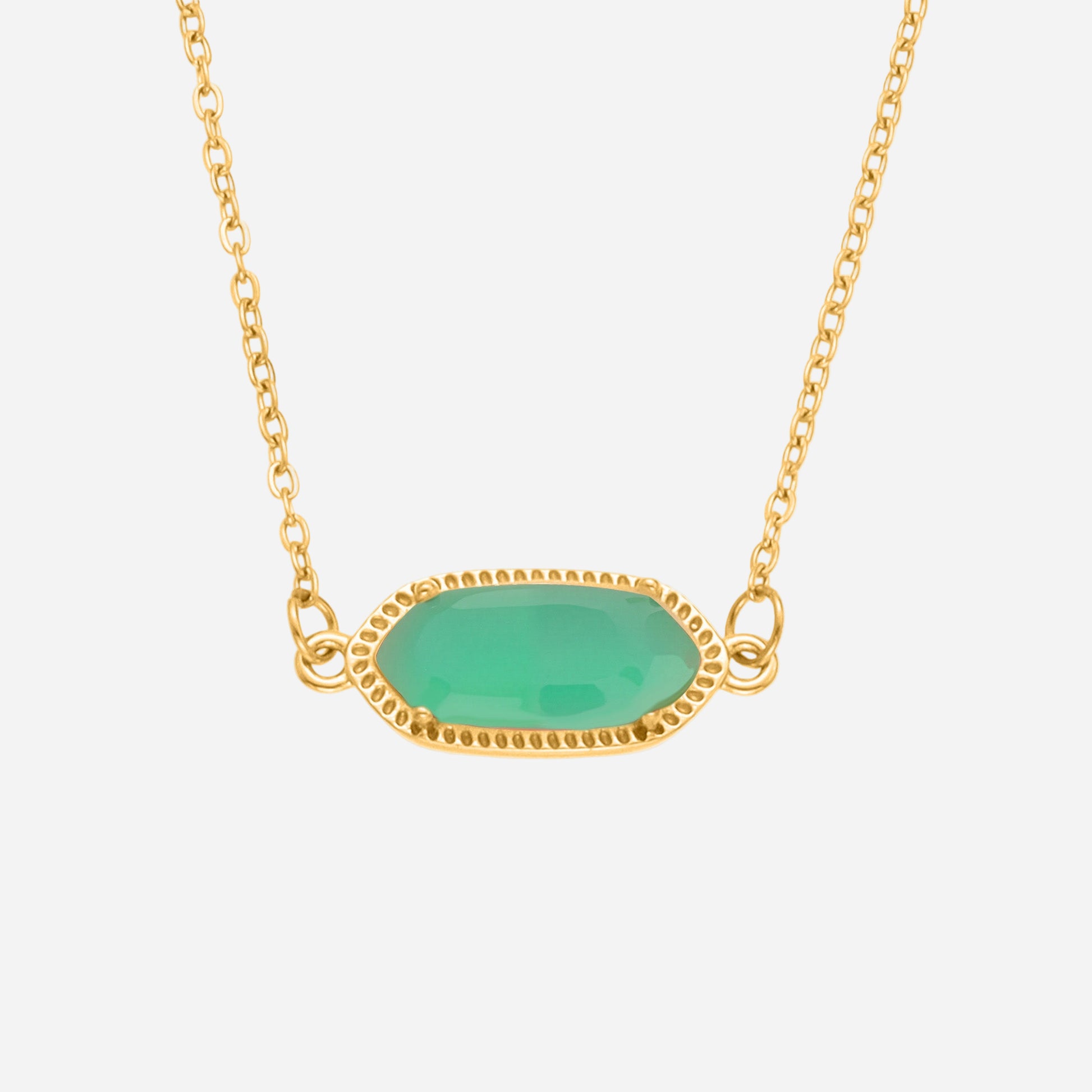Gold necklace with a green pendant on a white background