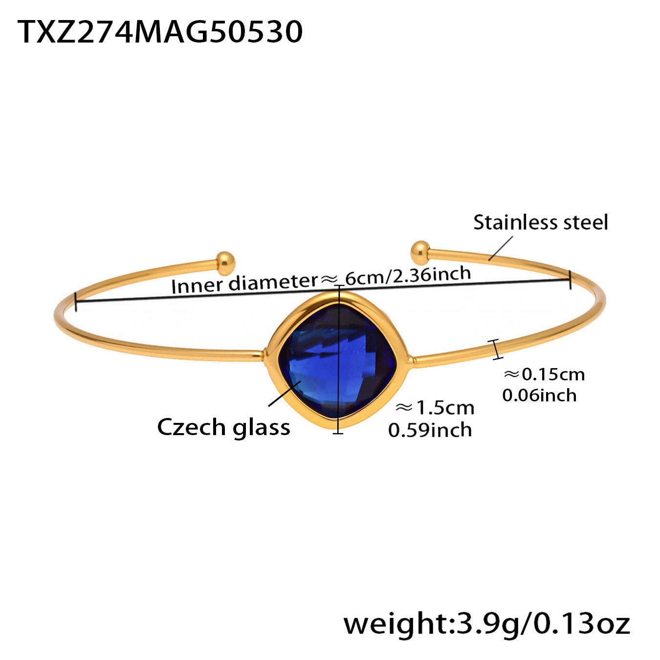 Measurement and detail chart for dark blue Czech glass bracelet TXZ274 with gold plating