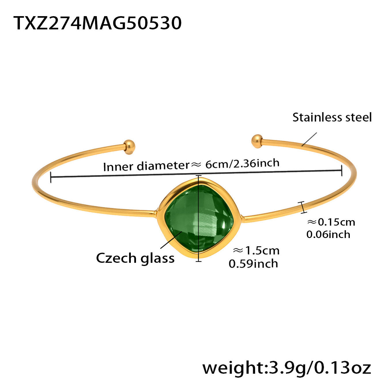 Light green Czech glass bracelet TXZ274 with gold finish displayed on white background