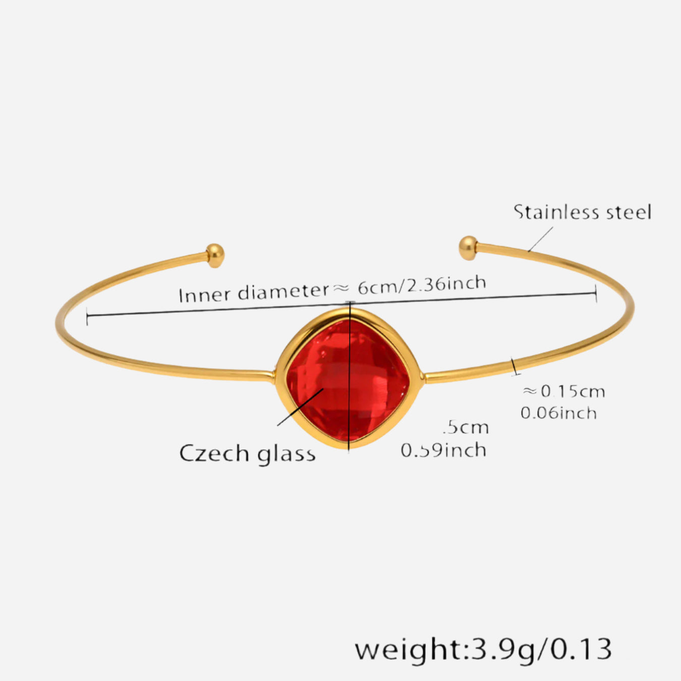 Specifications and measurements of light red Czech glass bracelet TXZ274 with gold finish