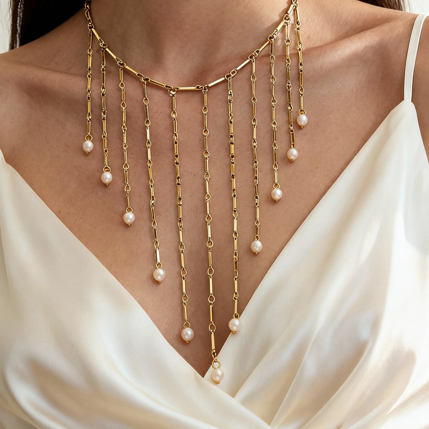 淡水珍珠多流苏锁骨项链 不锈钢