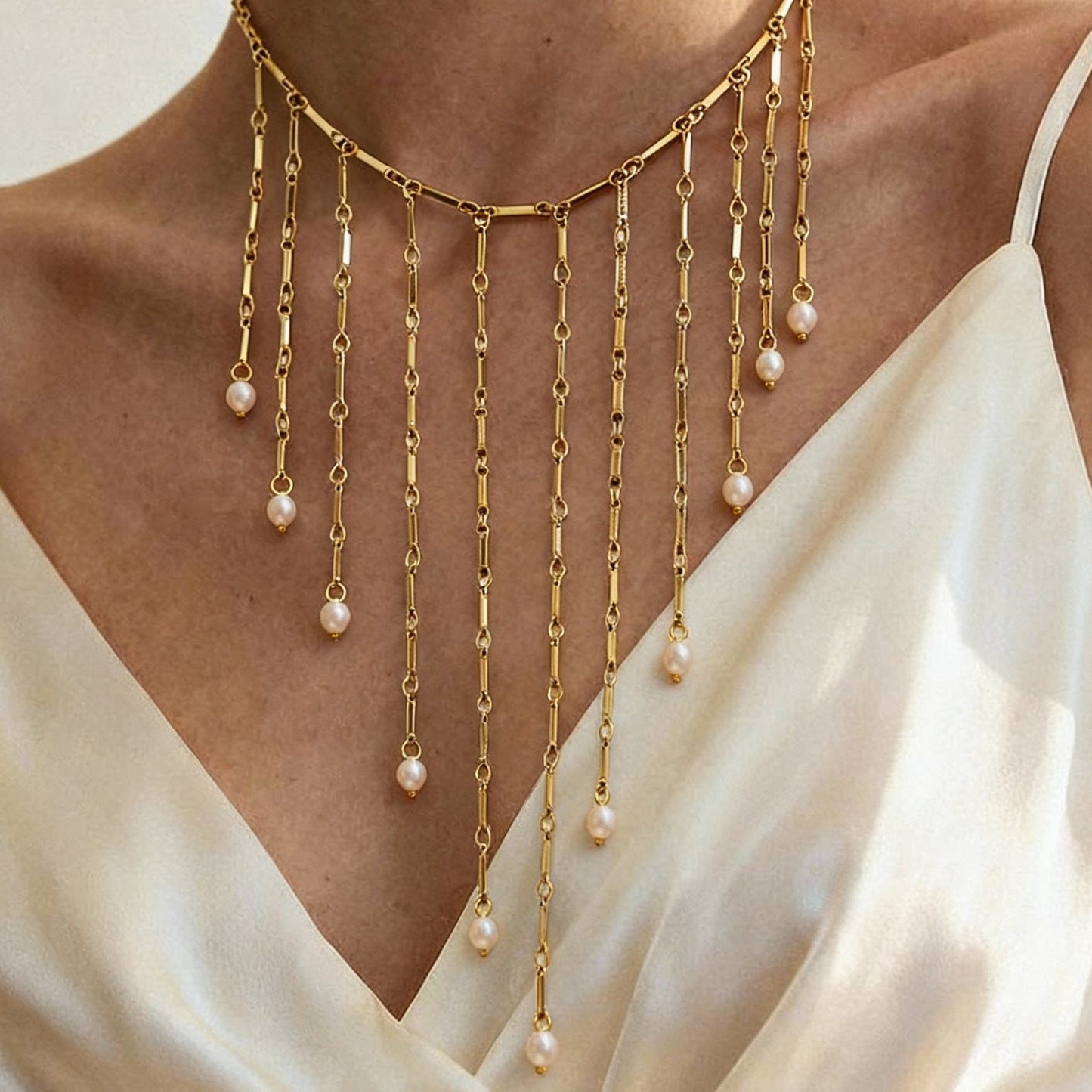 淡水珍珠多流苏锁骨项链 不锈钢