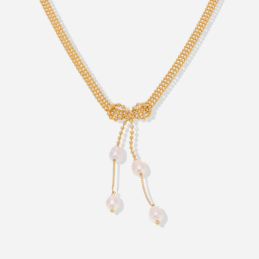Tassel Freshwater Pearl Necklace with 18K Gold Stainless Steel – White Background