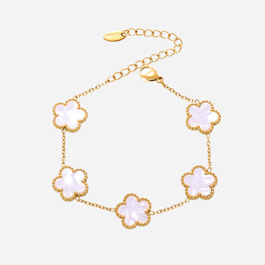 White background image of gold shell beaded tennis bracelet made of stainless steel