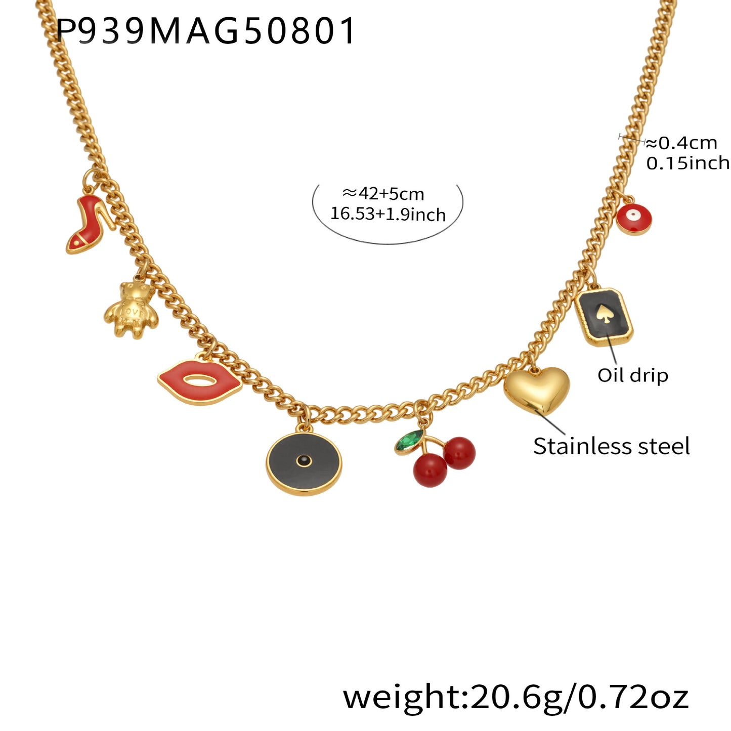 Vintage charm necklace size guide and measurement chart with enamel cherry and heart pendants