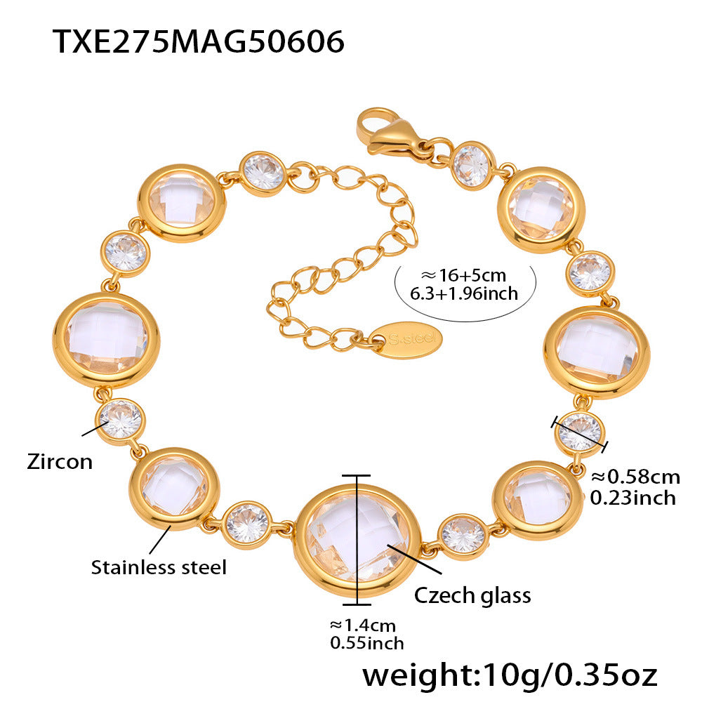 White square Czech glass bracelet close-up with measurements