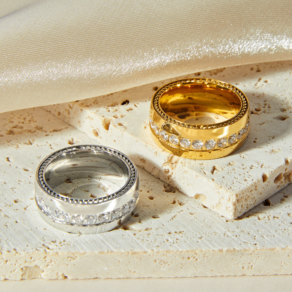 Shiny adjustable gold and silver rings with zircon accents on beige surface – elegant everyday rings