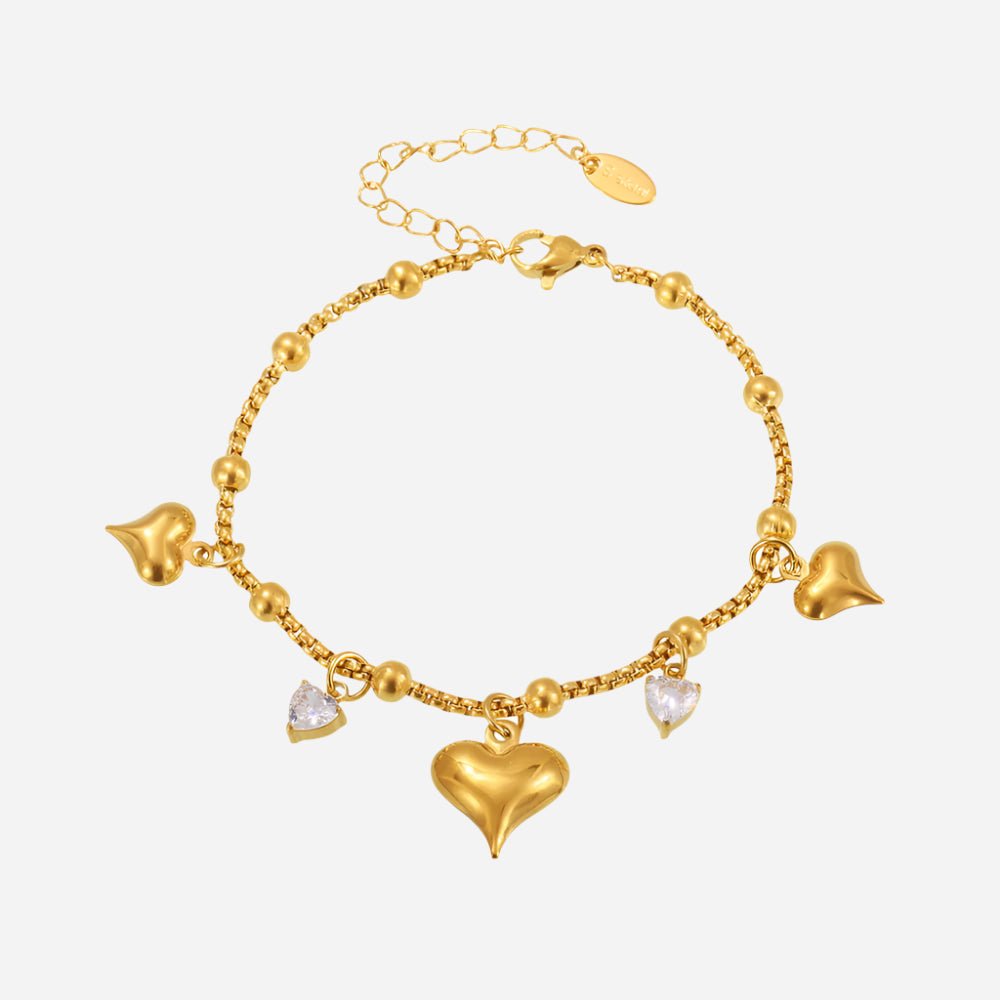  Zircon Heart Charm Tennis Bracelet displayed on white background showing adjustable clasp and heart pendant