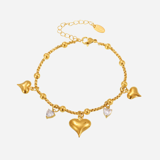  Zircon Heart Charm Tennis Bracelet displayed on white background showing adjustable clasp and heart pendant