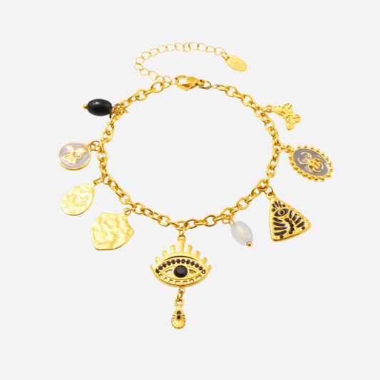 Black Mystic Evil Eye Bracelet on white background – waterproof stainless steel protective charm bracelet