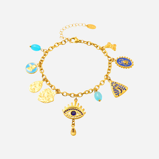 Blue Mystic Evil Eye Bracelet with waterproof stainless steel design on white background
