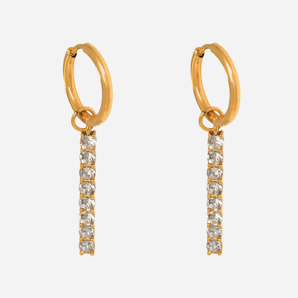 Gold crystal drop hoop earrings made of waterproof stainless steel with cubic zirconia stones.
