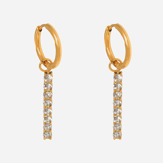 Gold crystal drop hoop earrings made of waterproof stainless steel with cubic zirconia stones.