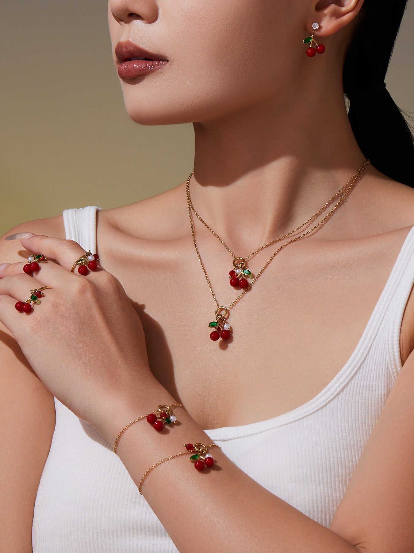 Oil-dripped Red Cherry Earrings Inlaid With Zircon Stainless Steel