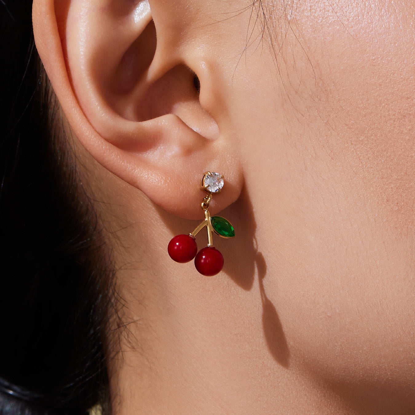 Oil-dripped Red Cherry Earrings Inlaid With Zircon Stainless Steel