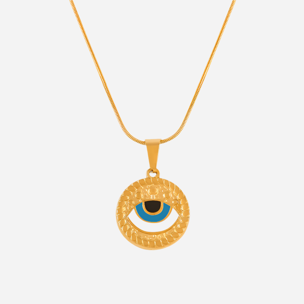 Evil Eye Drop Tennis Necklace in gold with blue enamel – snake chain