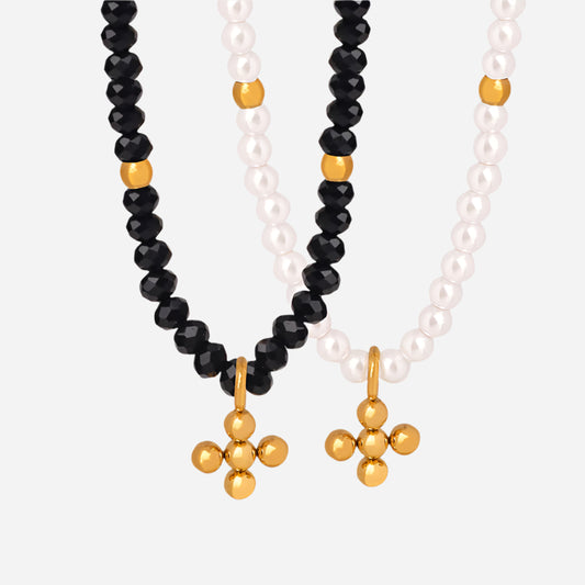 Gold Glass and Pearl Cross Pendant Necklace – Waterproof Stainless Steel Faith Jewelry