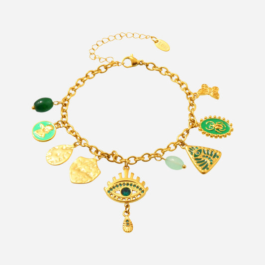 Green Mystic Eye Bracelet on white background – waterproof stainless steel charm bracelet