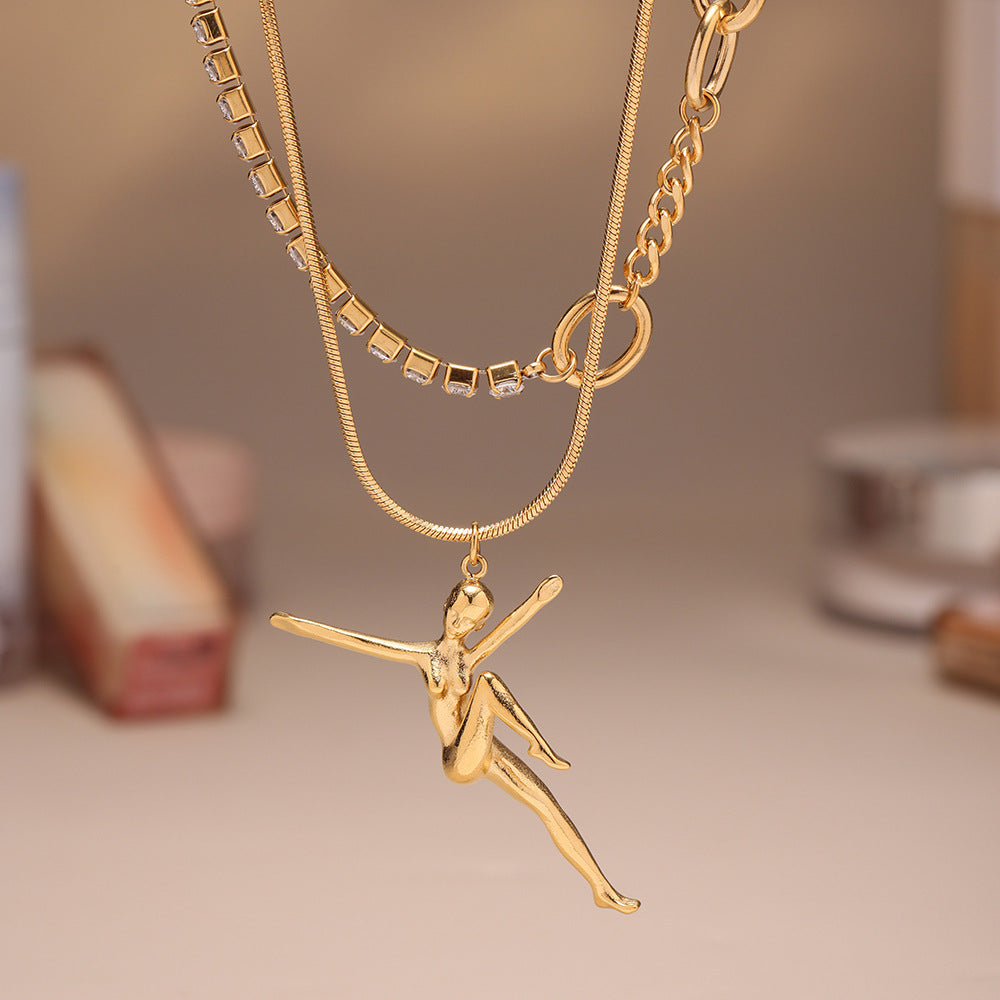 Model wearing dancing girl tennis necklace in gold in lifestyle setting